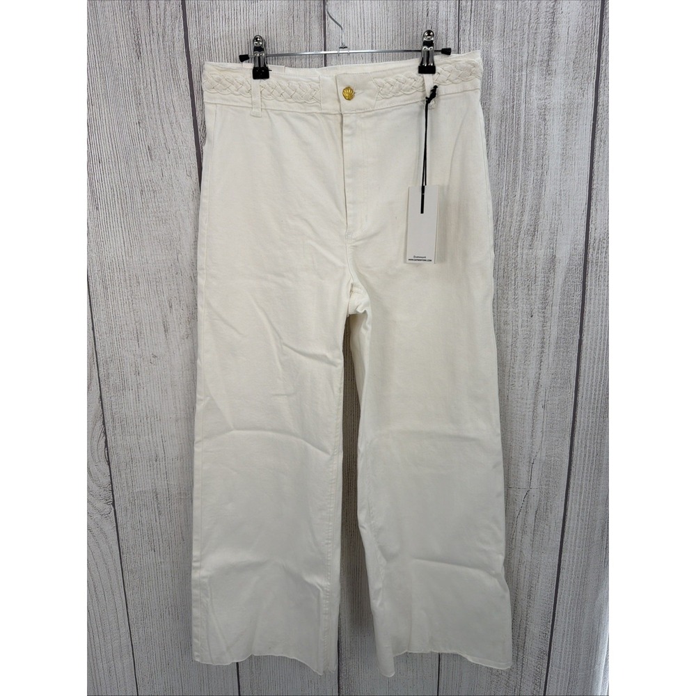 Oat New York Jeans Women's 8/29 White High Rise Wide Leg Raw Hem Braided Belt